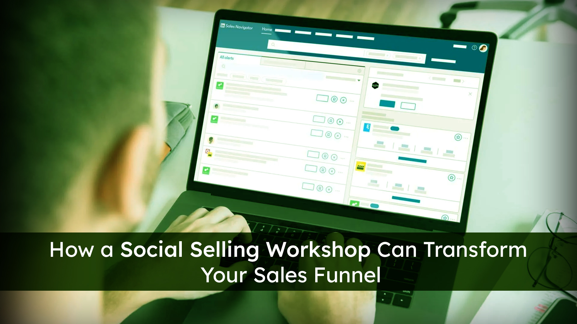 Social selling workshop session showing presenter with sales funnel diagram aiding lead conversion